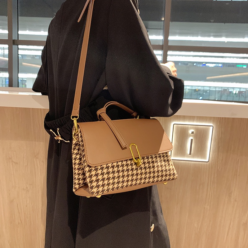 Houndstooth Tas Selempang Bahu Kulit PU Kecil dengan Pegangan Pendek untuk Wanita 2022 Tas Tangan dan Dompet Sederhana Musim