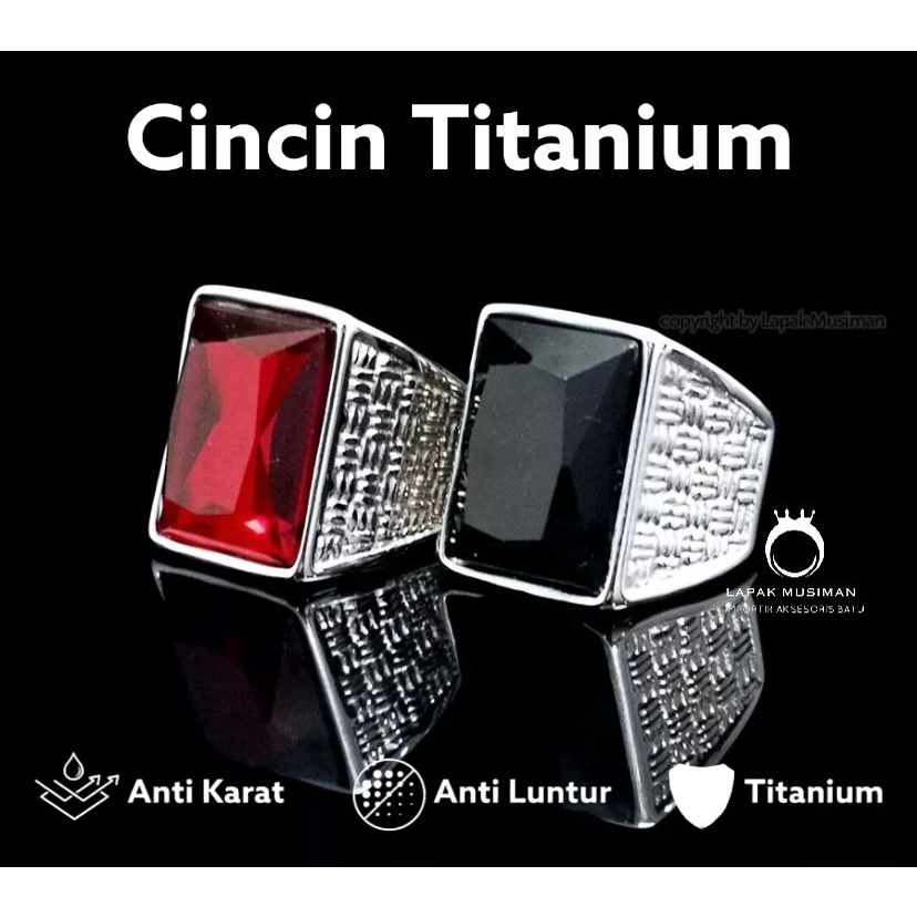 [Bayar di Tempat] Cincin Pria Titanium Anti Karat Batu Permata Hitam Merah Anti Karat 01