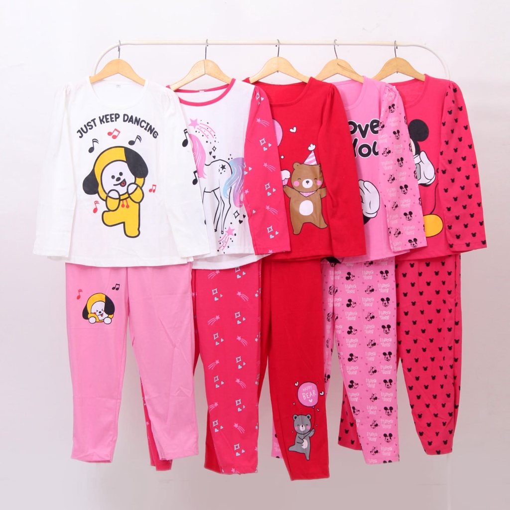 Baju Tidur Kaos Anak Perempuan/Piyama Panjang Umur 3 -12 tahun/Setelan Piama Anak Cewek