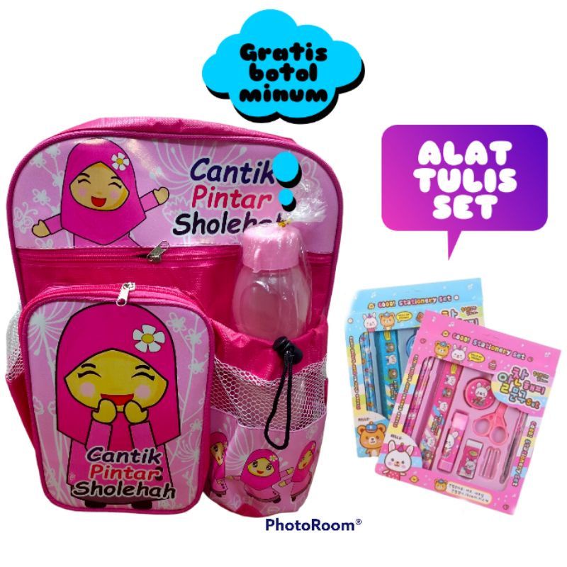 Tas Ransel Troly Muslimah Cantik pinter Sholehah Free botol Ransel anak sekolah perempuan