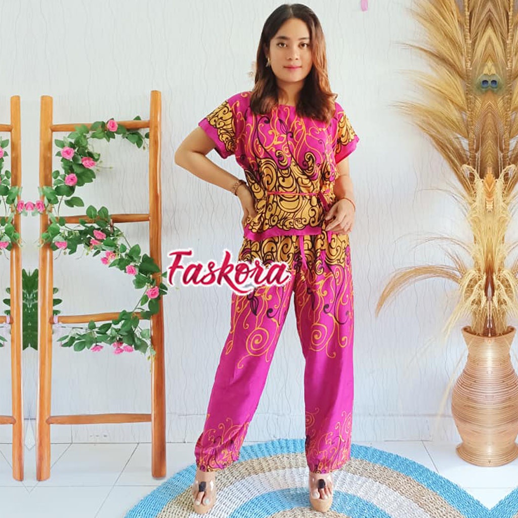 Piyama Rayon Jumbo Lengan Pendek One Set Wanita Kekinian Remaja Pajamas Polos Kombinasi Auristela-Jodha 2 Pink