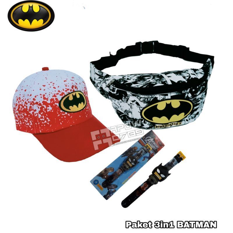 Paket Hemat 3in1 Tas Waistbag Batman Dinir+ Topi Bordir + Jam Tangan Pencet