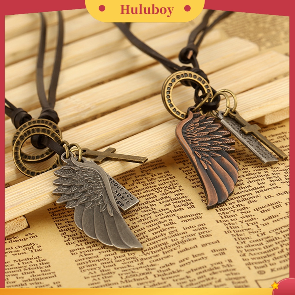Hu Hu Hu Hu Hu Alat Bantu Pasang Kacamata♡ Kalung Tali Kulit Imitasi Liontin Sayap Malaikat Gaya Retro Untuk Unisex