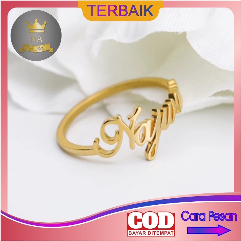 Cincin nama titanium anti karat lapis emas aksesoris fashion wanita korea couple ukir custom perak