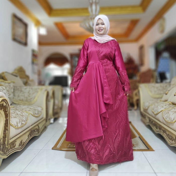 Zolana Dress Gamis Lebaran Brukat Tile Premium - maroon