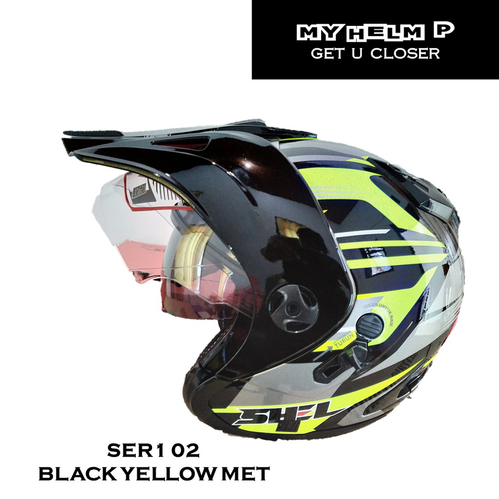 Helm SUPER MOTO SHEL ADV Double Visor Motif 02 Warna Black Yellow Metalic