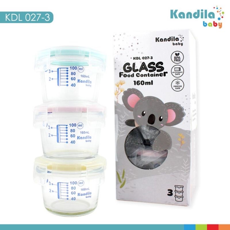 Kandila Bebewawa Glass Food Container 180ml 200ml KDL027-2 KDL027-3  KDL027-4 Box Wadah Simpan MPASI Bayi bahan Kaca + Penggaris Ukur Ml Takaran