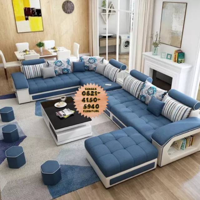  Kursi  Sofa Letter  U  Fullset Warna Navy Meja dan Kaca Bonus 