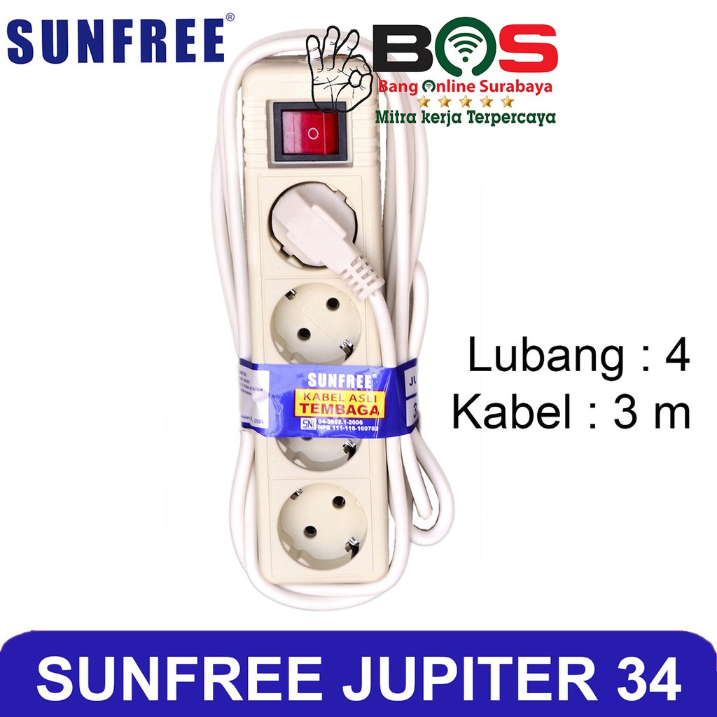 Stop Kontak Arde Saklar Kabel 3 Meter 4 Lubang SNI Sunfree Jupiter 34 Sunfree-34 Sunfree34