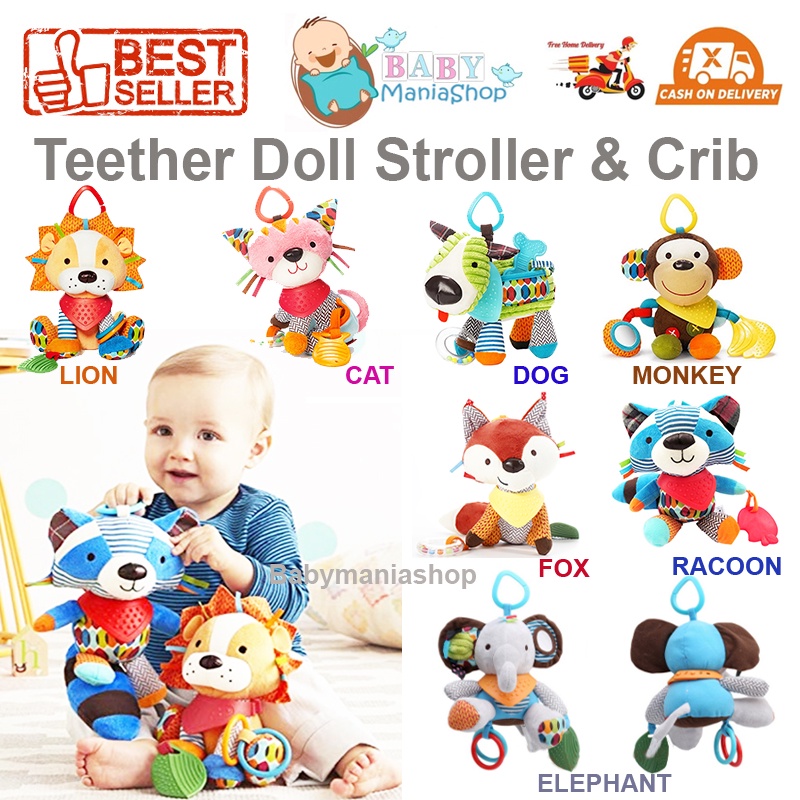 Boneka Teether Rattle Animal Stroller Crib Doll Mainan Bayi Plush Doll Mainan Edukasi Bayi Kerincing