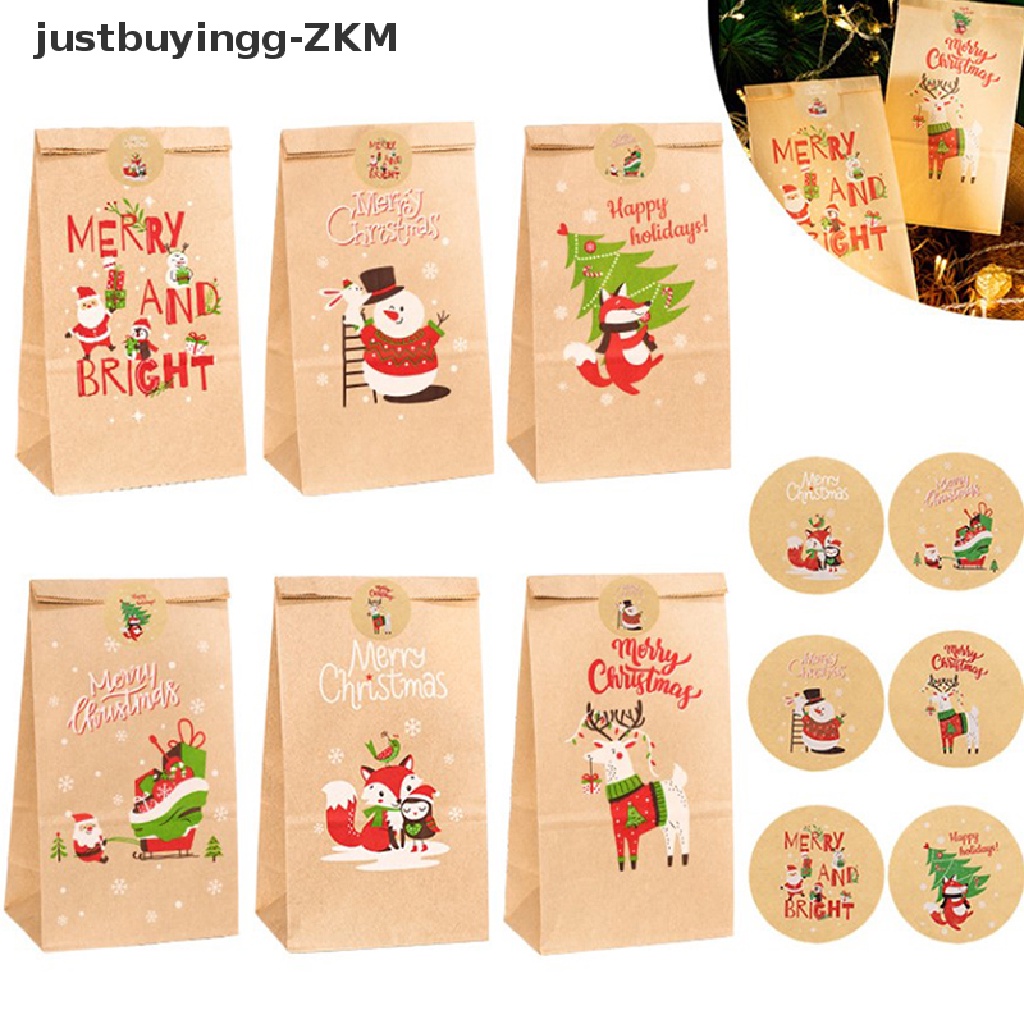 24pcs Tas Kertas Kraft Motif Santa Snowman Dengan 24 Pcs Label Untuk Permen Natal