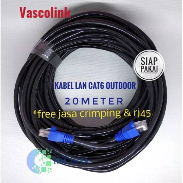 Vascolink Kabel Lan Outdoor 20 Meter Ftp Cat6 Siap Pakai sudah dicrimping rj45 besi dan plugbooth Kulit Kabel Tebal dan Keras Warna Hitam