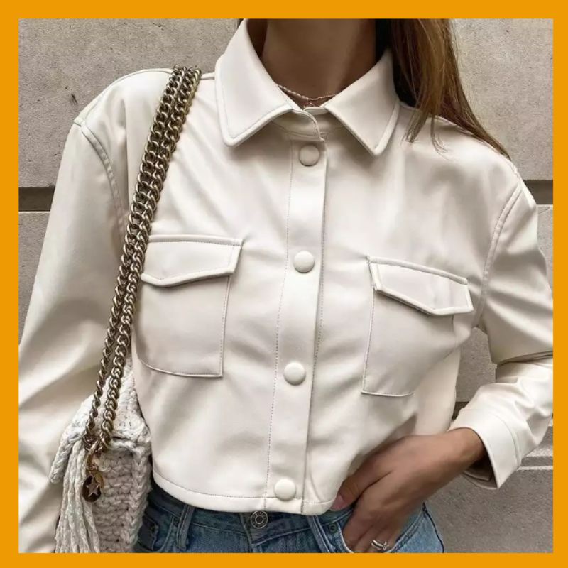 jaket kulit sintetis wanita/jaket crop style korea/jaket tren