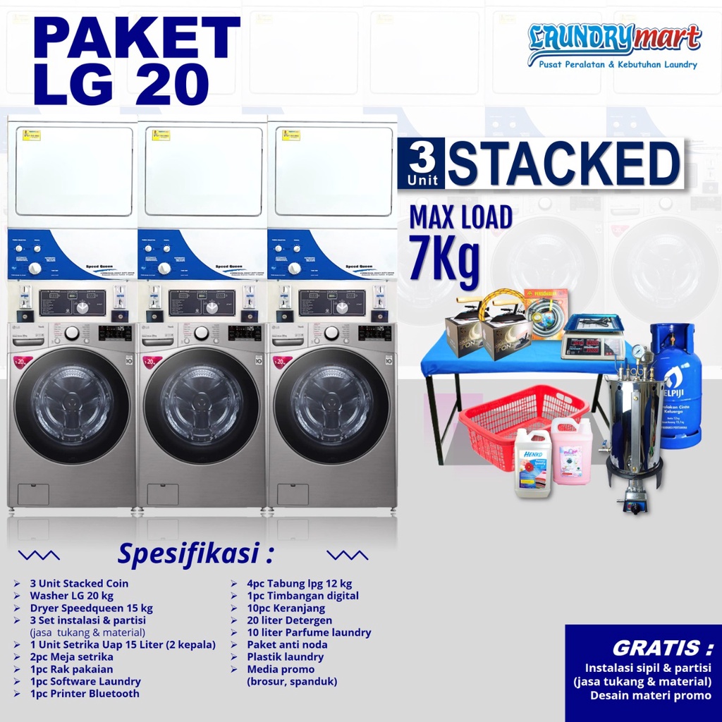 PAKET LAUNDRY COIN 3 STACKED WASHER LG 20KG - DRYER SPEEDQUEEN 15KG