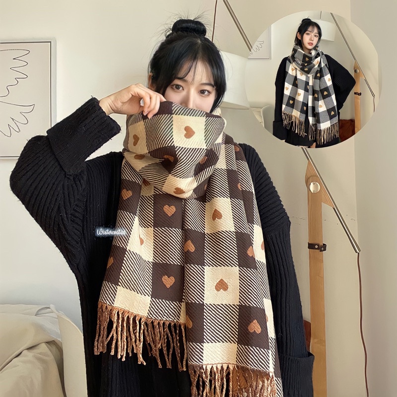 Reversible scarf winter import hangat love heart syal musim dingin wanita pashmina syall selendang panjang