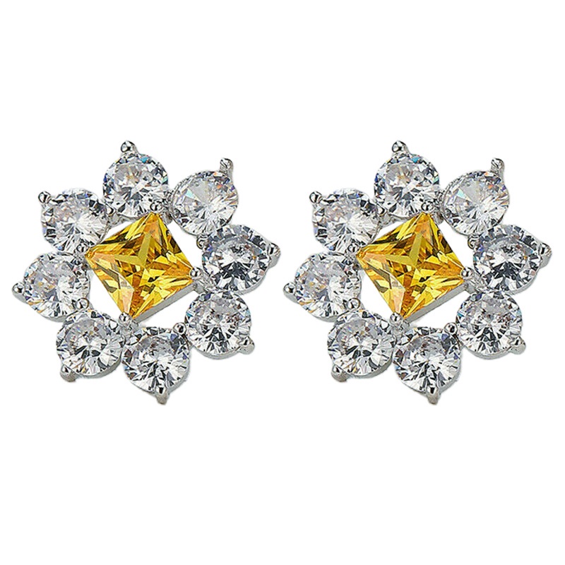 Yellow CZ Flower Earrings Female Bling Bling Wedding Engagement Party Ear Stud Luxury Silver Color Women Fashion Jewelry