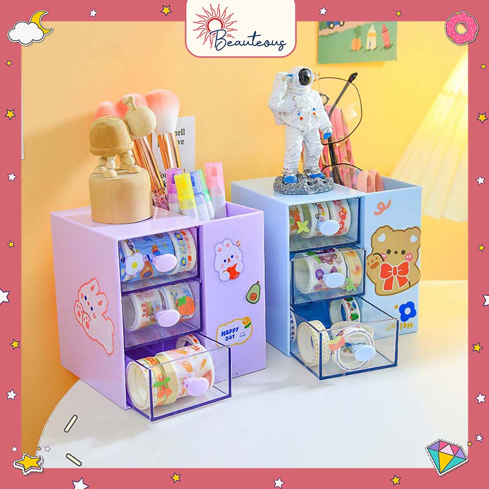 Kotak Laci Mini Tempat Make Up Storage Tempat Pensil Stackable Mini Serbaguna Free Sticker