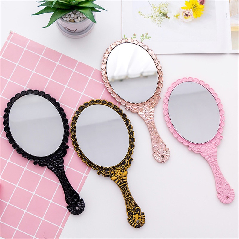 Cermin Genggam Cermin Gagang Makeup Handle Vintage Dengan Motif Ukir Mirror Portable F816