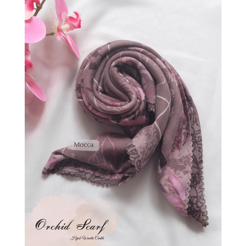 Hijabwanitacantik - Segiempat Orchid Scarf (MOCCA - RC23.3) | Bahan Veta Voal Aromatic | Hijab Printing Motif Premium