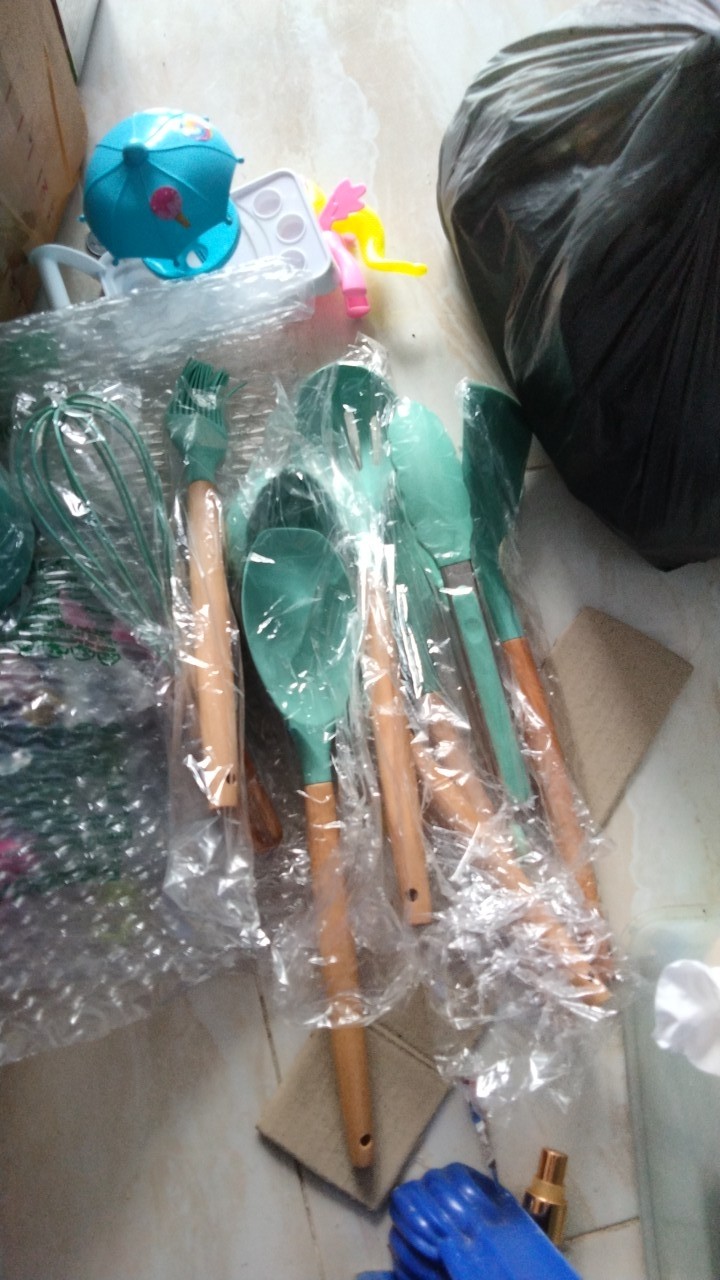 10 Pcs Alat Masak Silikon Spatula Gagang Kayu Dengan Wadah - Hijau Tua