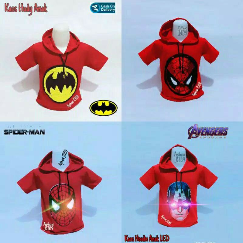 kaos hoodie anak usia 1-10 tahun karakter usap/led nyala terbaru kaos anak