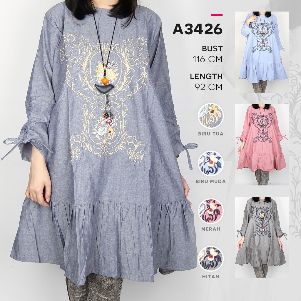 Maliju Tunik Jumbo Bordir Denim Rempel - A3426