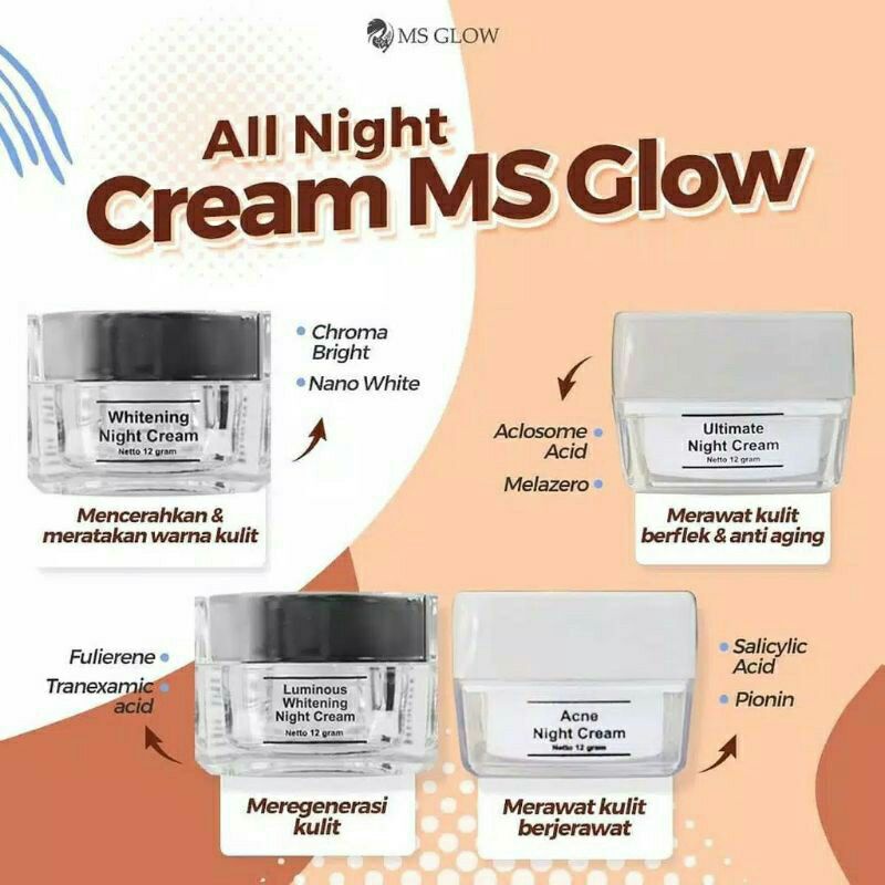 MS GLOW Night Cream Malam Whitening/Luminous/Ultimate/Acne Pemutih Wajah Penghilang Flek, Jerawat