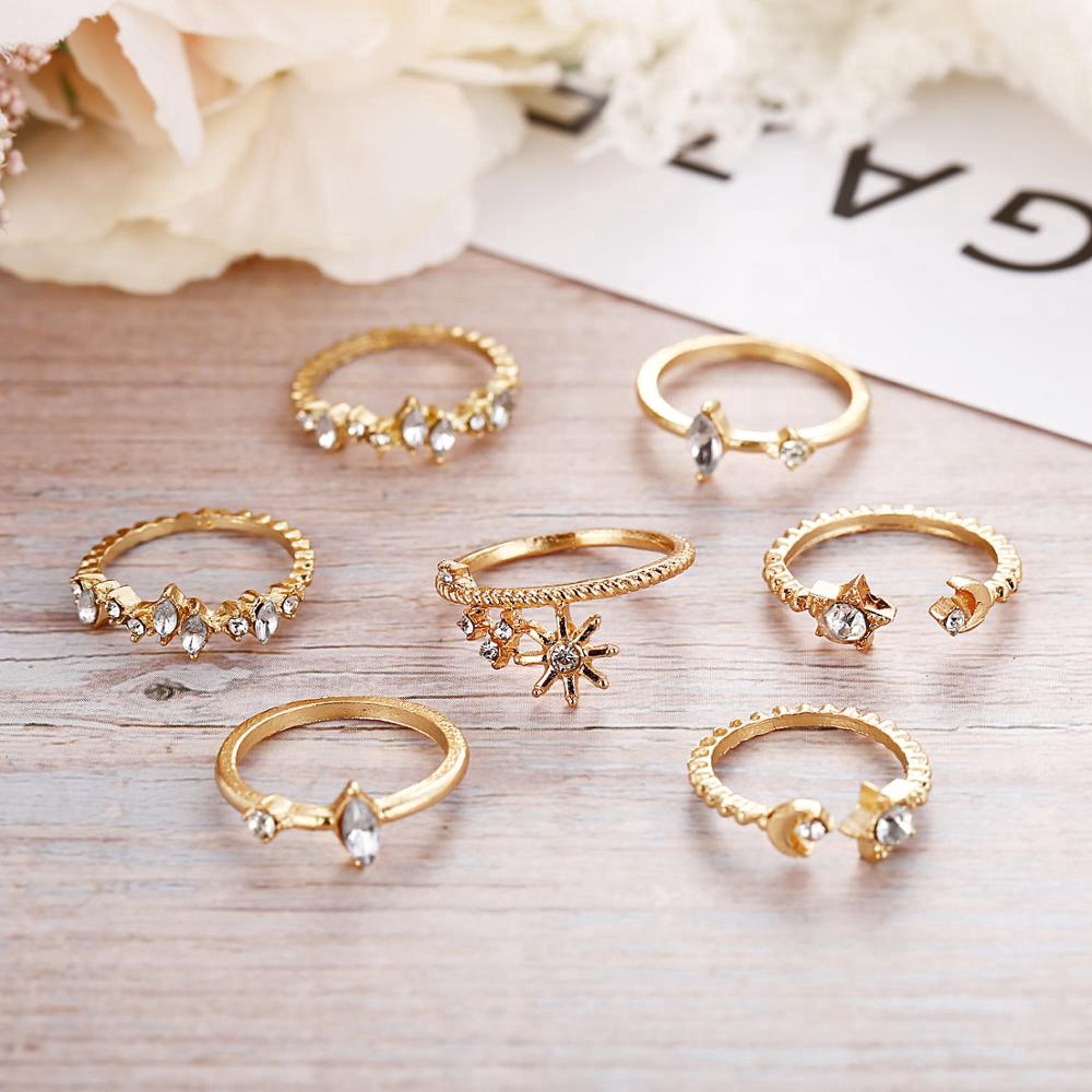 Cincin emas Set Bohemian Vintage Crystal Moon Star Rings Wanita Cincin Perhiasan Aksesoris Hadiah