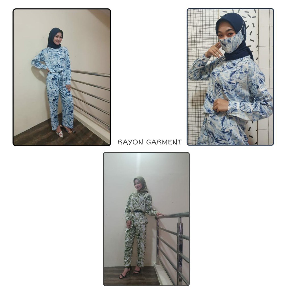 Piyama pajamas Tye Dye Stelan Celana Rayon lengan Panjang Free Masker baju tidur devia