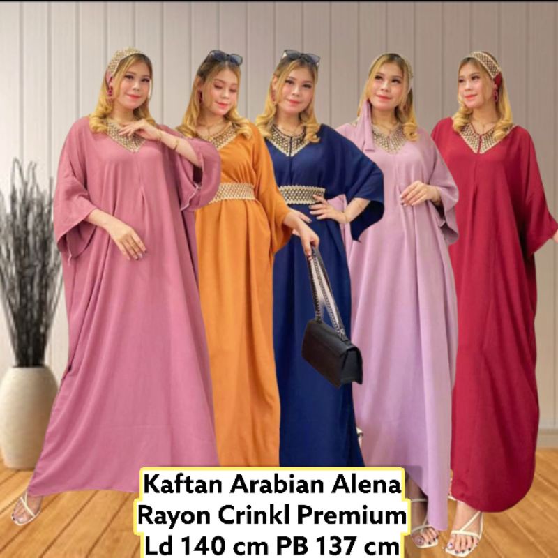 Kaftan Wanita Arabian Renda Jumbo Rayon Crinkle Premium Busui Gamis Bigsize Fashion Muslim Kekinian LD 140 cm