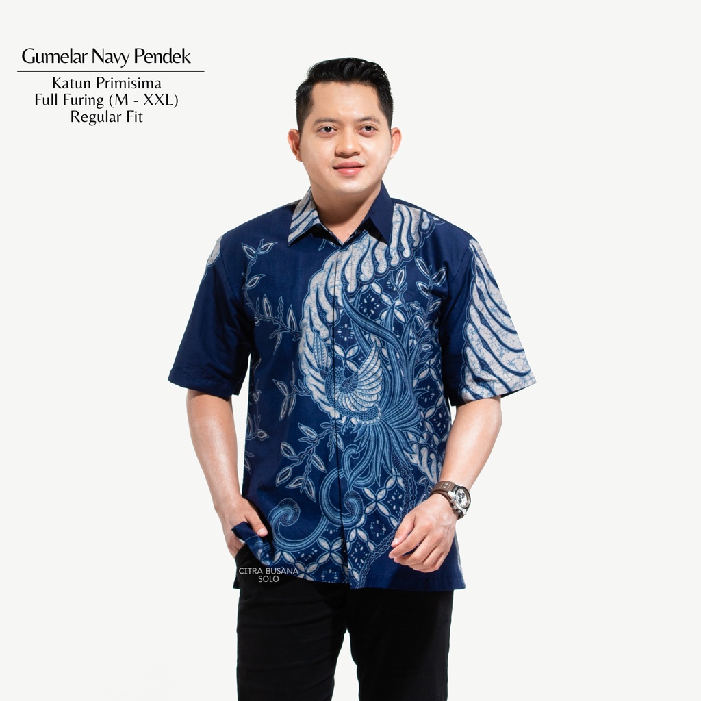 GUMELAR NAVY PENDEK Kemeja Batik Pria Full Furing Bahan Katun Primisima