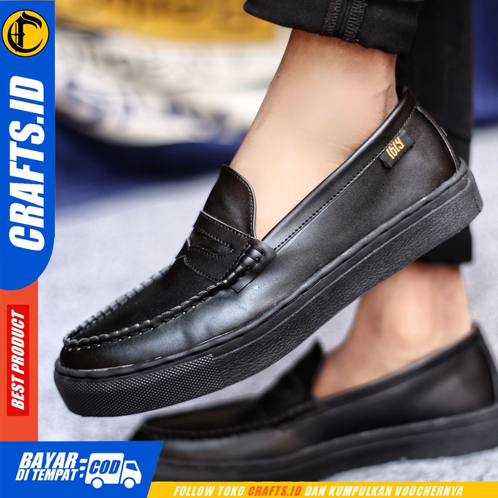 Sepatu Slip On Pria Sepatu Casual Pria Formal Kulit Pu Sepatu Pantofel Kerja Kantor Kuliah Kondangan Sepatu Slop Pria Sepatu Hitam Pria CRAFTS TRAVIS