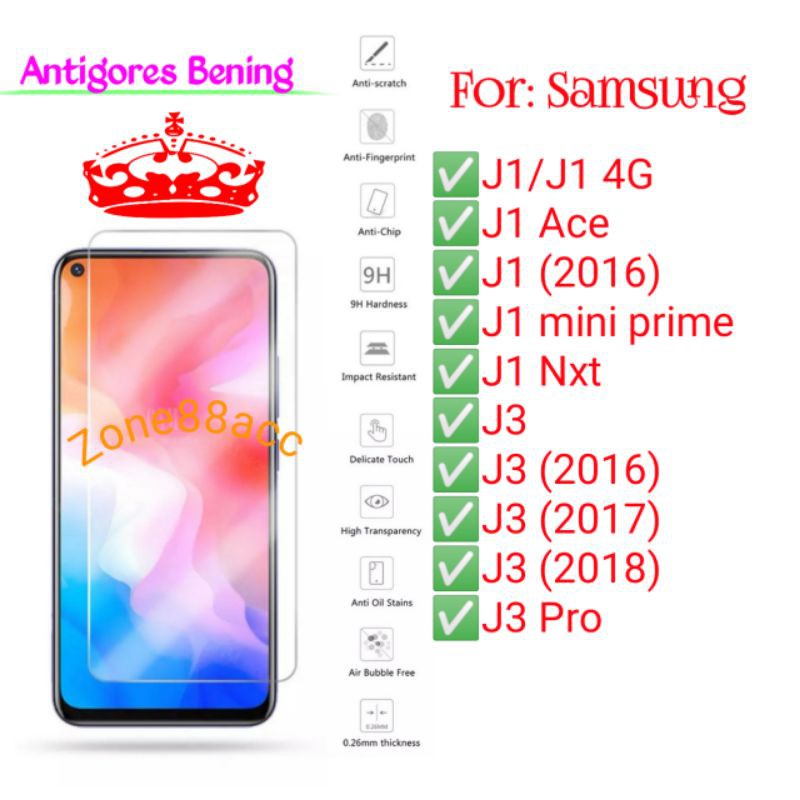 Samsung J1 J1Ace J1mini J3 J3pro Ace Pro Antigores Bening Tempered Glass Screen Guard protector TG