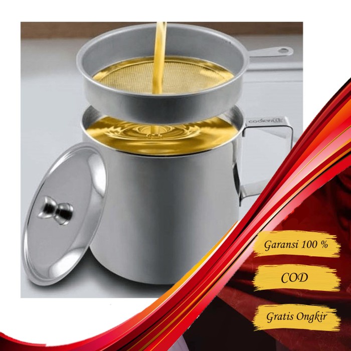 Wadah dan Saringan Minyak Goreng – AC 38 – Set Oil Pot Tempat Gelas teko Saringan Stainless Tirisan Penyaring Peniris Botol Minyak Goreng Bekas Gorengan jelantah  Spatula Set Halus perlengkapan dapur 1 2 liter sutil tahan panas