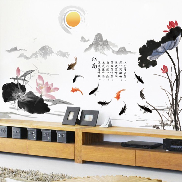 Reliza Wallsticker Bunga Sakura Teratai Pemandangan Hitam Chinese Stiker Dinding 8295