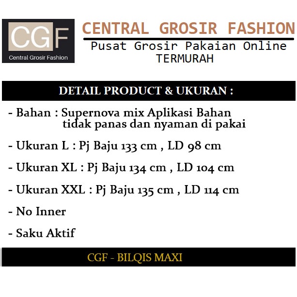 Bilqis Maxi - Central Grosir Fashion (CGF) - Ukuran L-XXL - Matt Katun Supernova Mix Aplikasi Bahan