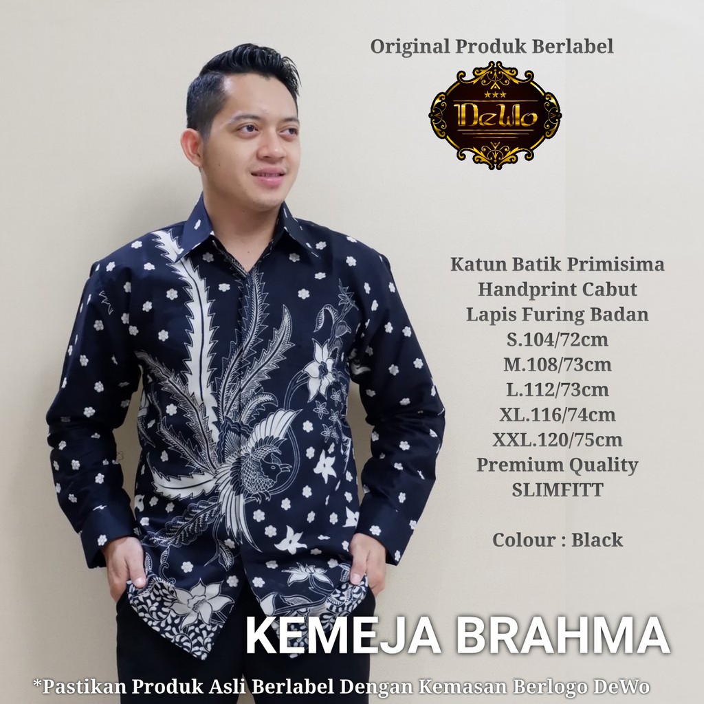 BRAHMA BLACK Kemeja Batik Pria Lengan Panjang Katun Halus FULL FURING Batik Dewo