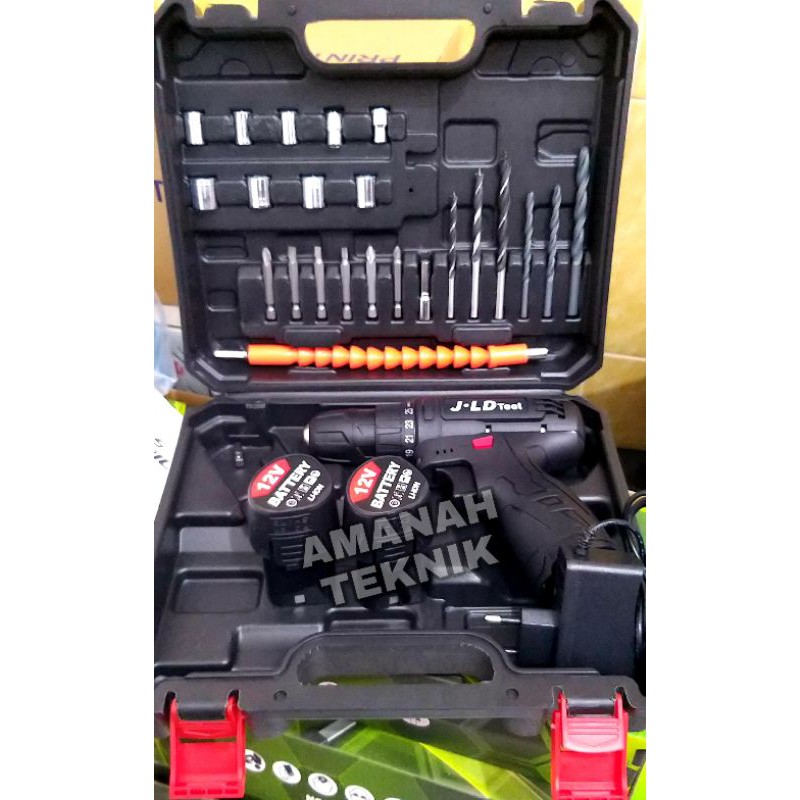 Bor batrei obeng besi drill cordless JLD 12V set