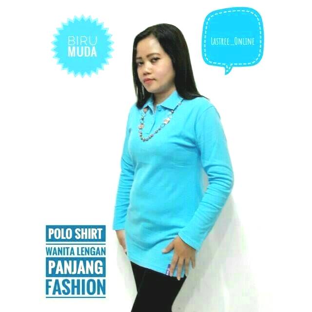 Polo Shirt Wanita Lengan Panjang Polos Kerah Biru Muda