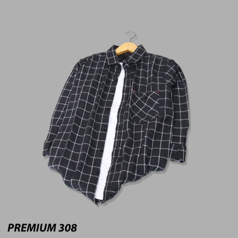 YB KEMEJA FLANEL PRIA MOTIF KOTAK SLIM FIT MODEL LENGAN PANJANG LONG SLEEVE BLACK SQUARE PREMIUM 308