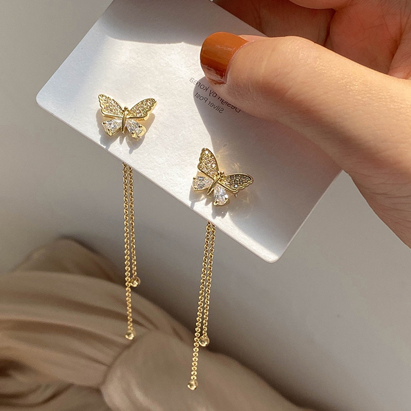 Anting Stud Panjang Desain Kupu-Kupu Immortal Rumbai Bahan 925 Silver Gaya Korea