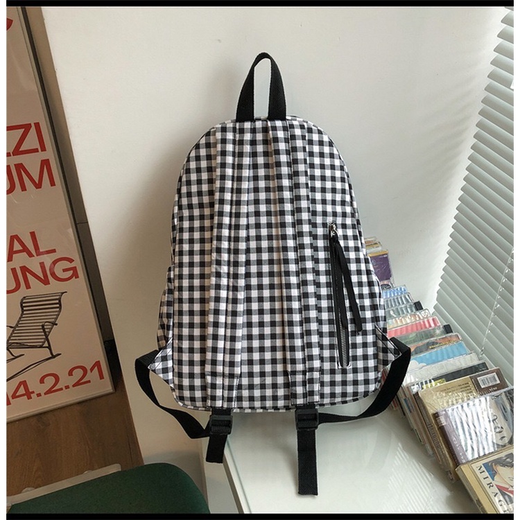 Mores Tas Ransel Laptop Wanita Niky Monokrom Tartan Korean Polyester backpack Nilon import remaja kuliah sekolah motif Gingham Hitam Putih