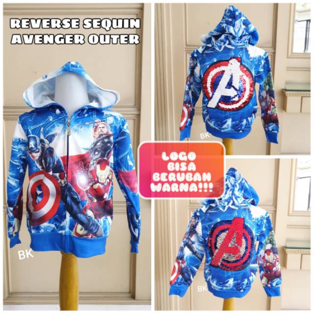 REVERSE SEQUIN AVENGER OUTER / JACKET HOODIE ANAK LAKI MOTIF MARVEL SPIDERMAN IRON MAN  THOR IMPORT