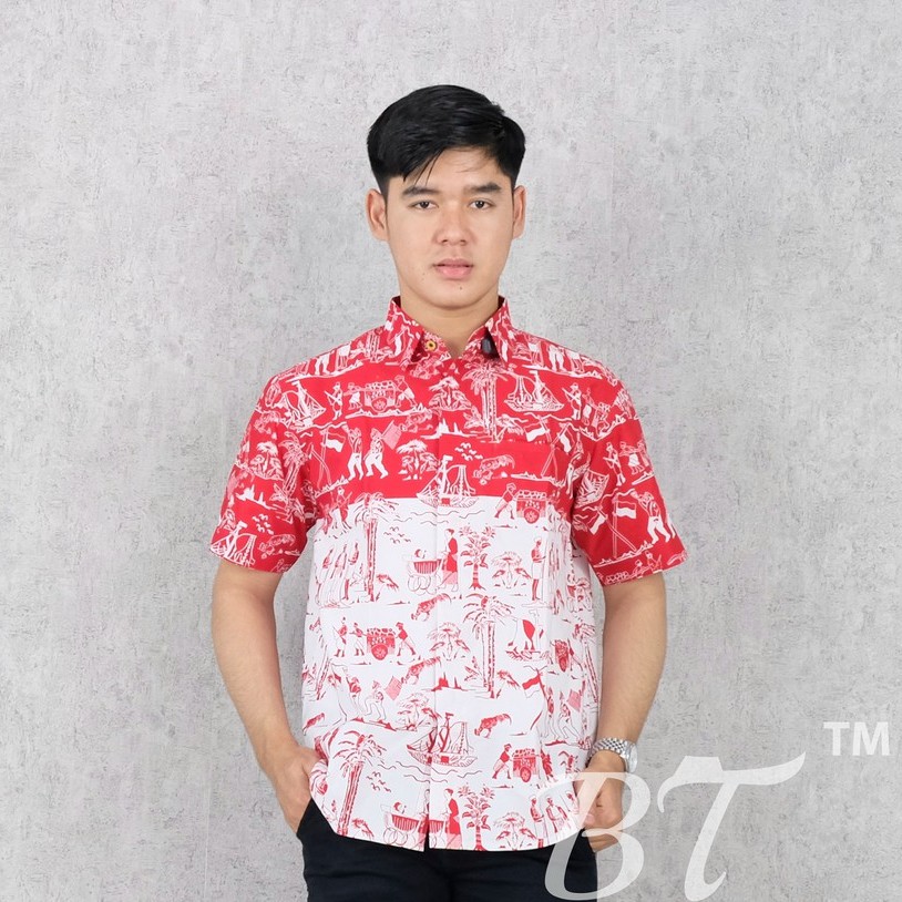 BATIK TRUSMI Hem Kemeja Lengan Pendek Pria Bamboe Roentjing Merah Putih 17 Agustus Kemerdekaan