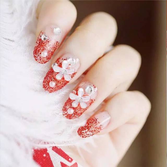 Wedding fake nail 3D Red rhinestone kuku palsu merah pernikahan