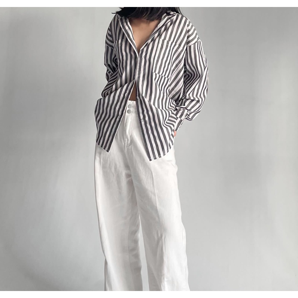 ASOKA Kemeja Stripe Salur - Atasan Wanita Lengan Panjang - Kemeja Katun