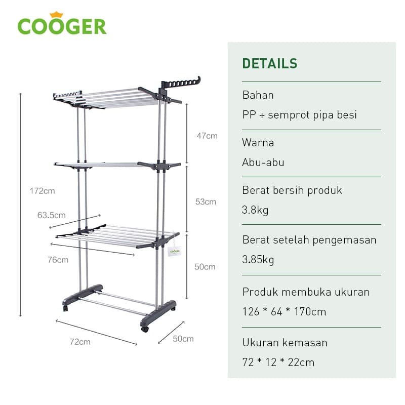 COOGER Rak Jemuran Stainless Steel 4 Susun Rak Pengering Serbaguna - Abu-Abu