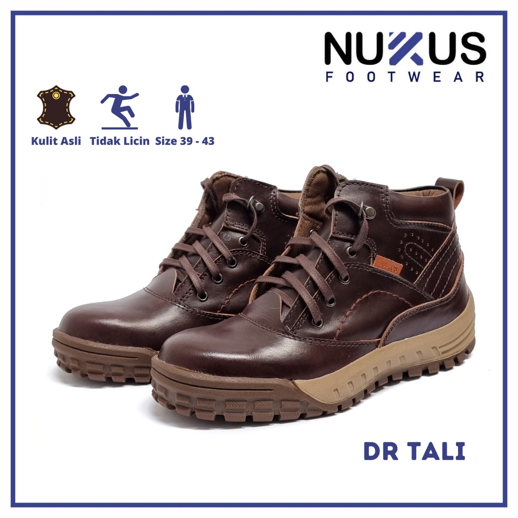 Nukus Sepatu Pria Boots Tali Kulit Sapi Asli Coklat Tua - DR TL