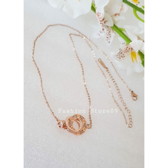 Kalung Elegant double ring permata Rosegold Titanium antikarat selamanya bestseller edisi terbatas