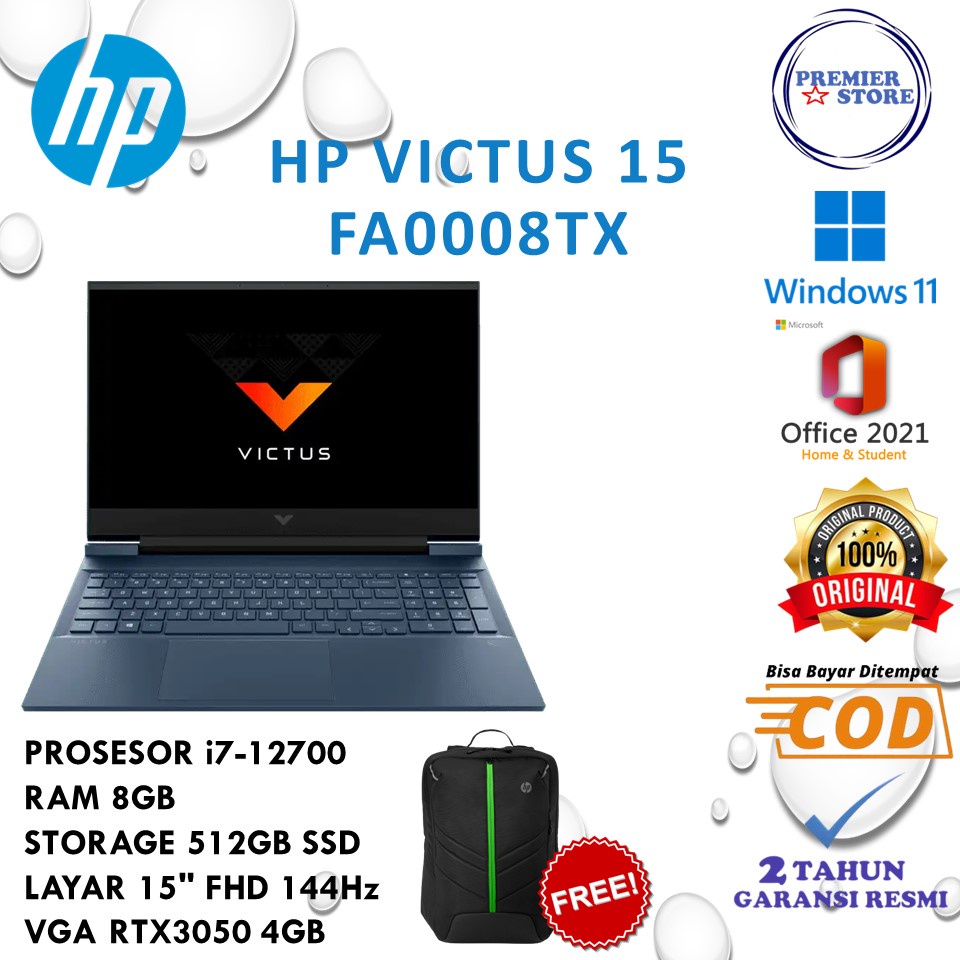 HP Victus 15-fa0008TX i7-12700H 8GB 512GB SSD RTX3050 FHD 144Hz Win11+OHS